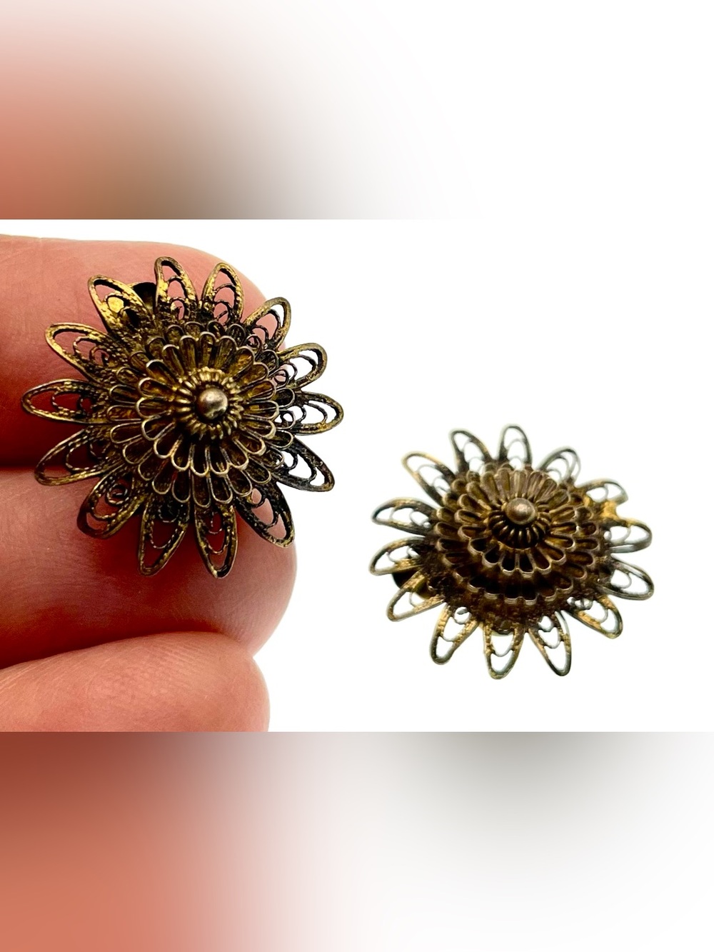 Vintage Made in Siam Filigree Flower Clip-On Earrings